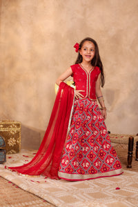 Girls Red Elephant Print Lehenga with Blouse (with sleeves) & Dupatta