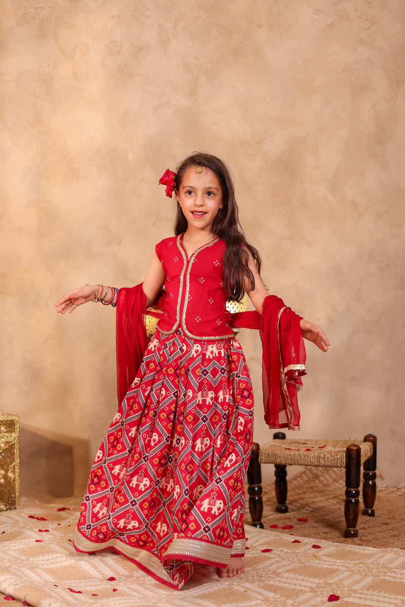 Girls Red Elephant Print Lehenga with Blouse (with sleeves) & Dupatta