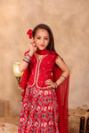 Girls Red Elephant Print Lehenga with Blouse (with sleeves) & Dupatta