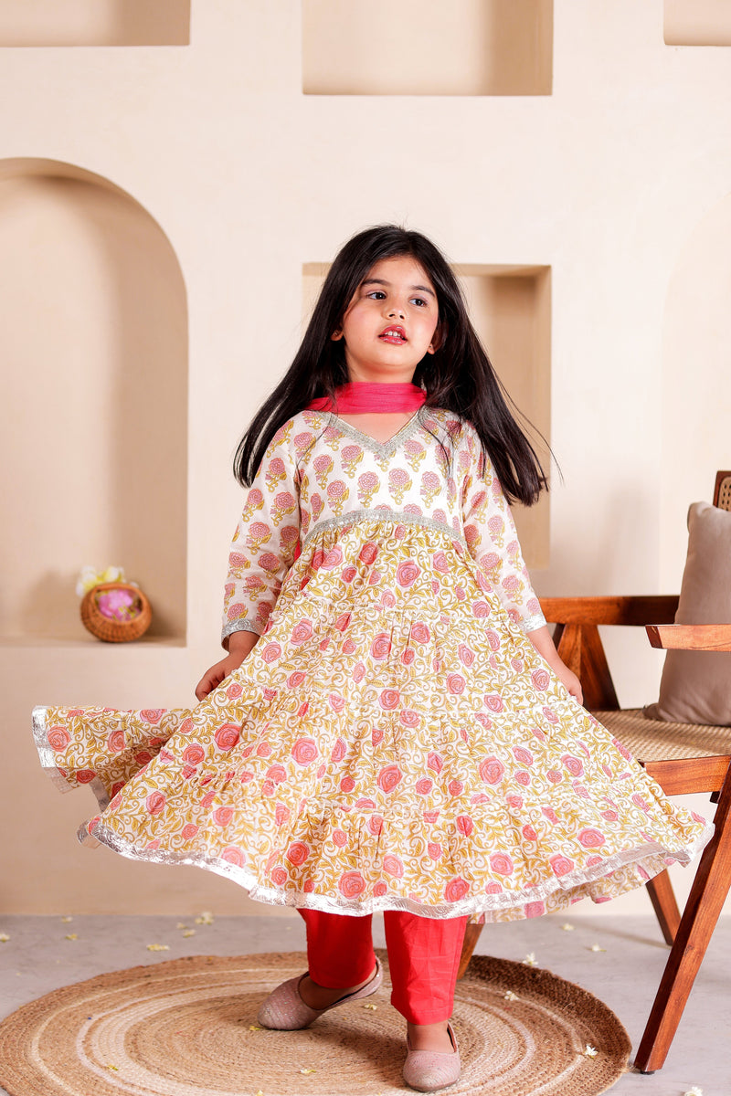 Peach Pankhuri - Girls Peach Floral Anarkali Kurti with Pant and Dupatta