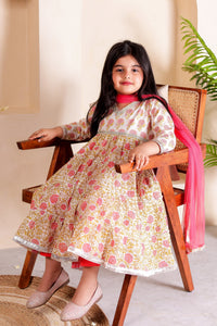 Peach Pankhuri - Girls Peach Floral Anarkali Kurti with Pant and Dupatta