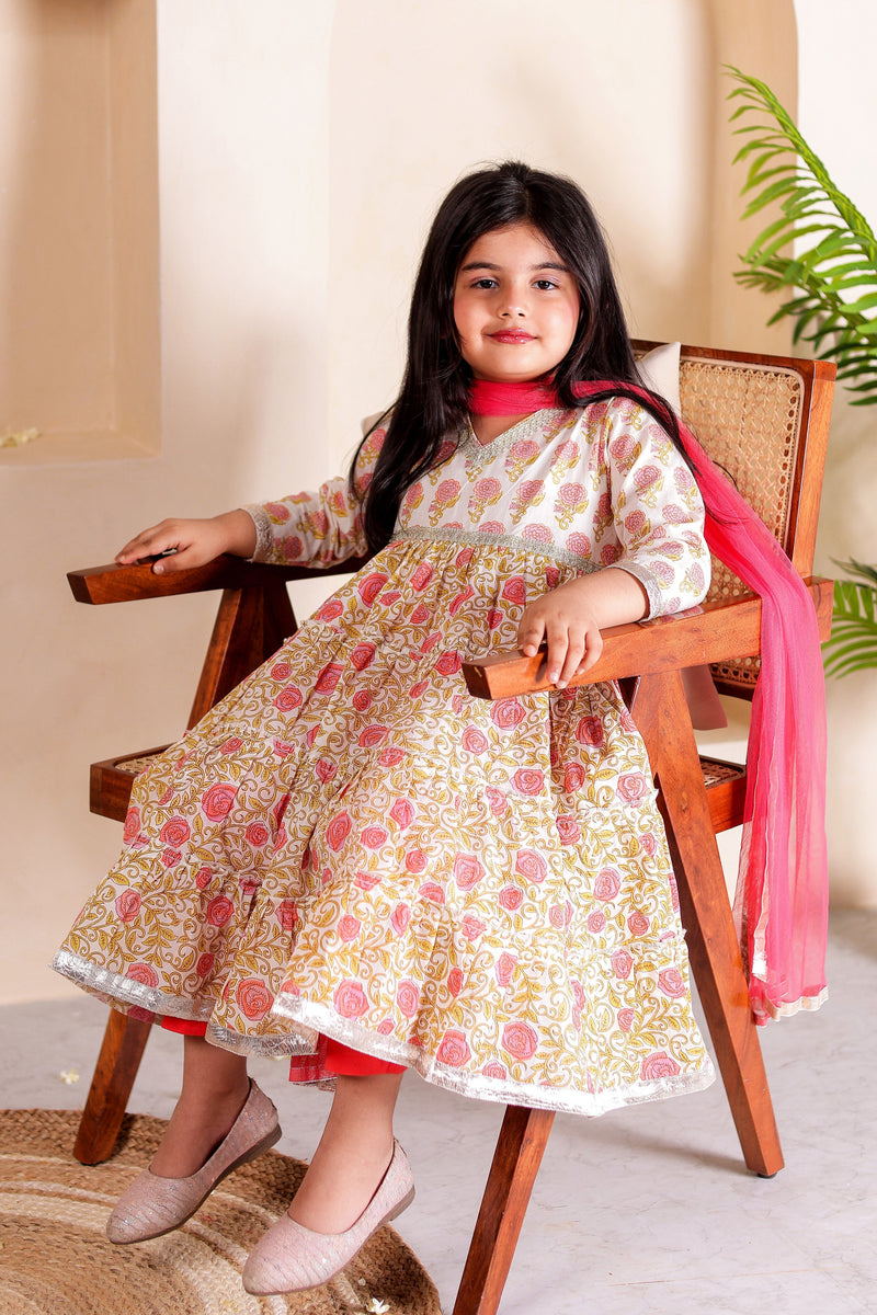 Peach Pankhuri - Girls Peach Floral Anarkali Kurti with Pant and Dupatta