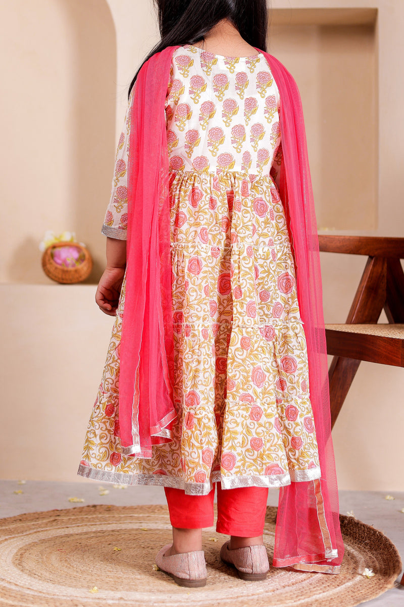 Peach Pankhuri - Girls Peach Floral Anarkali Kurti with Pant and Dupatta