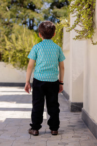Boys Paisley Print Aqua Blue Half-Sleeve Shirt