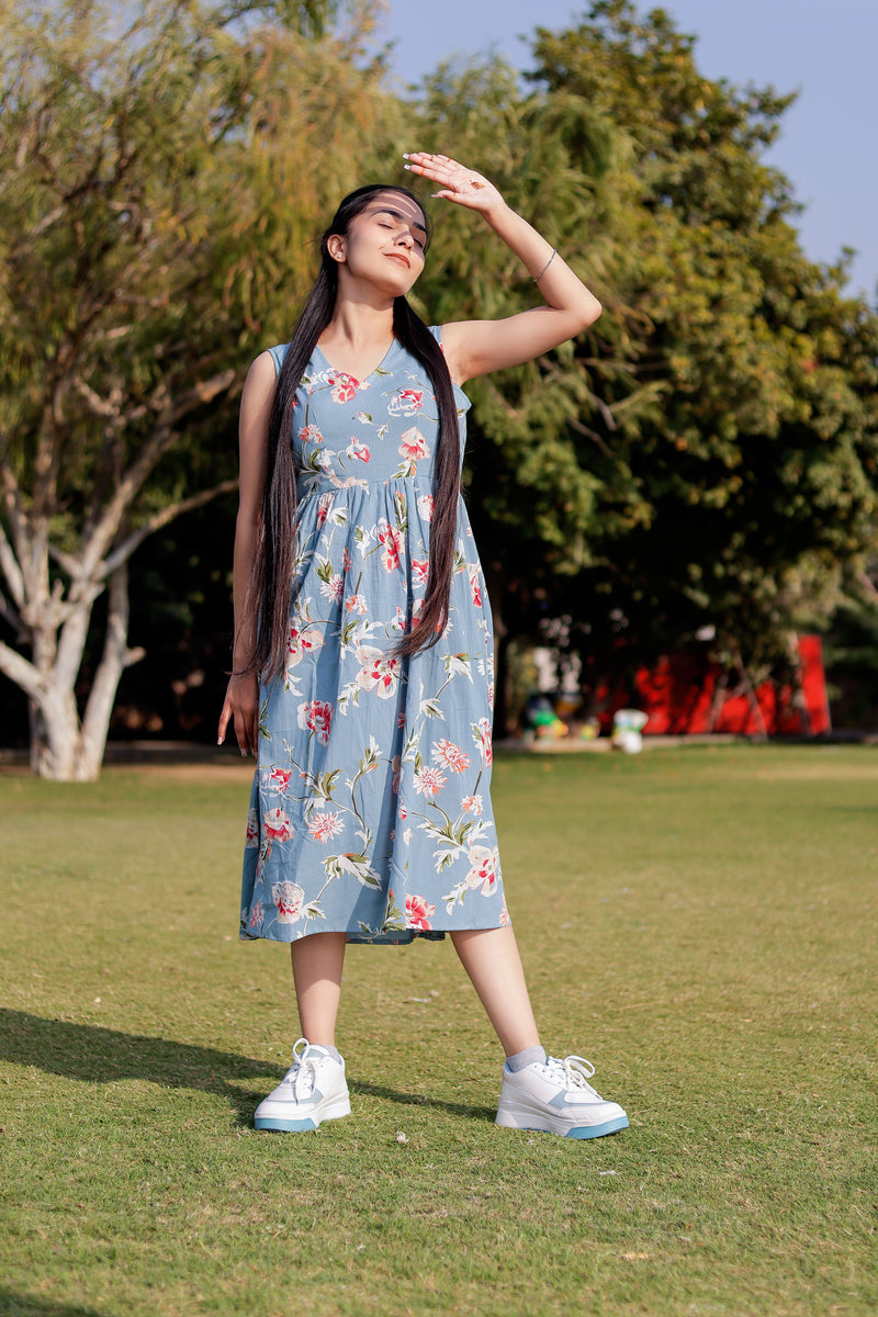 Women Blue Floral Sleeveless Dress