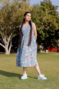 Women Blue Floral Sleeveless Dress