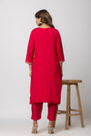 Women Fuchsia Hand Embroidered Mulmul Kurti with Pant and Chanderi Dupatta