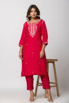 Women Fuchsia Hand Embroidered Mulmul Kurti with Pant and Chanderi Dupatta