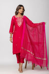 Women Fuchsia Hand Embroidered Mulmul Kurti with Pant and Chanderi Dupatta
