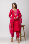 Women Fuchsia Hand Embroidered Mulmul Kurti with Pant and Chanderi Dupatta