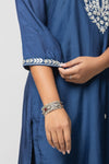 Women Navy Blue Hand Embroidered Mulmul Kurti with Pant and Chanderi Dupatta