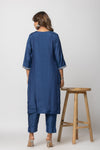 Women Navy Blue Hand Embroidered Mulmul Kurti with Pant and Chanderi Dupatta
