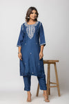 Women Navy Blue Hand Embroidered Mulmul Kurti with Pant and Chanderi Dupatta