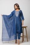 Women Navy Blue Hand Embroidered Mulmul Kurti with Pant and Chanderi Dupatta