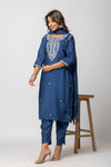 Women Navy Blue Hand Embroidered Mulmul Kurti with Pant and Chanderi Dupatta