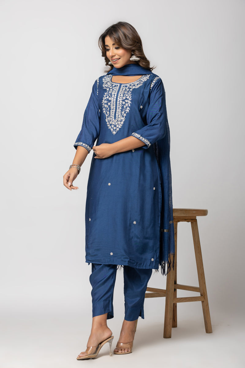Women Navy Blue Hand Embroidered Mulmul Kurti with Pant and Chanderi Dupatta