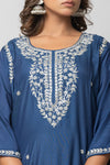Women Navy Blue Hand Embroidered Mulmul Kurti with Pant and Chanderi Dupatta