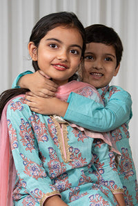 Boys Blue Buta Jacket with Blue Kurta and White Pajama