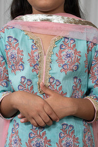 Girls Blue Buta Kurti With Blue Floral Sharara And Dupatta