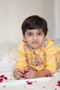 Boys Yellow Buta Jacket With Yellow Kurta And White Pajama