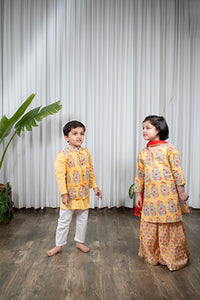 Sunshine Splendor - Girls Yellow Buta Kurti With Floral Sharara and Dupatta