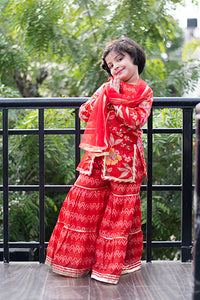 Ravishing Red - Girls Red Floral Yoke Kurti With Leheriya Sharara And Dupatta
