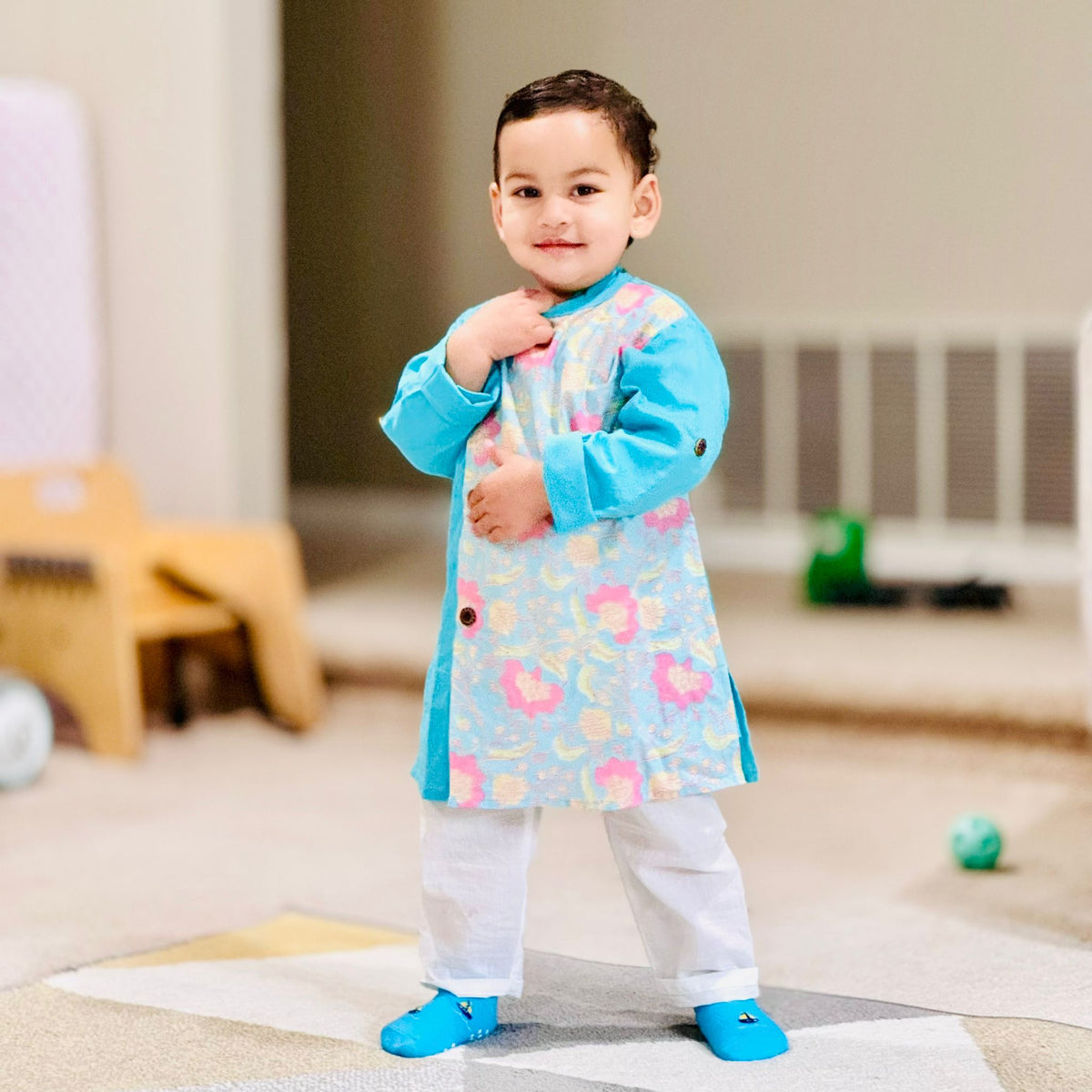 Boys Sky Blue Floral Side Button Kurta With Off White Pajama