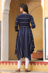 Navy Blue & Off-White Cotton Striped A-Line Dress