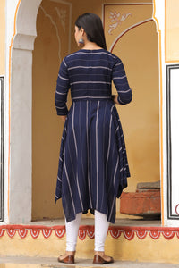 Navy Blue & Off-White Cotton Striped A-Line Dress