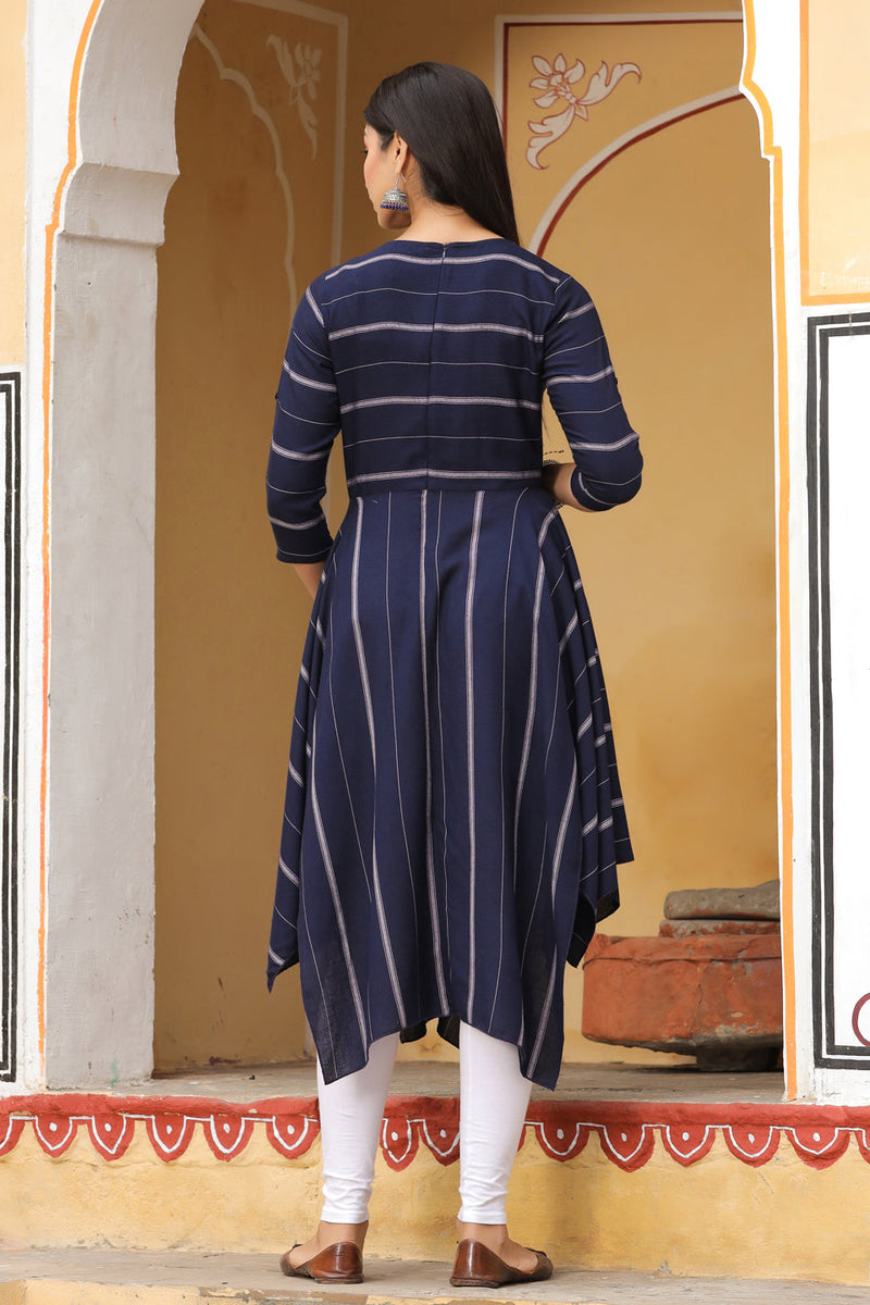 Navy Blue & Off-White Cotton Striped A-Line Dress