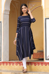 Navy Blue & Off-White Cotton Striped A-Line Dress
