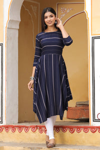 Navy Blue & Off-White Cotton Striped A-Line Dress