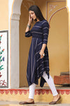 Navy Blue & Off-White Cotton Striped A-Line Dress