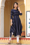 Navy Blue & Off-White Cotton Striped A-Line Dress