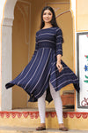 Navy Blue & Off-White Cotton Striped A-Line Dress