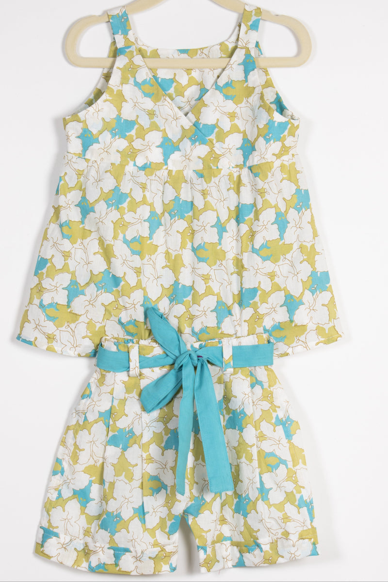 Girls Green & Blue Summery Floral Top with Shorts Co-ord Set