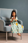 Girls Blue Beige Ankle Length Ethnic Gota Dress With Pom Pom