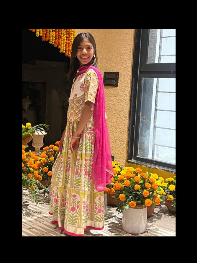 Girls Pink & Green Mughal Print Lehenga with Blouse & Dupatta