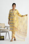 Women Pure Cotton Handblock Yellow Kurti With Salwar And Kota Doria Dupatta