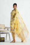 Women Pure Cotton Handblock Yellow Kurti With Salwar And Kota Doria Dupatta