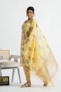 Women Pure Cotton Handblock Yellow Kurti With Salwar And Kota Doria Dupatta