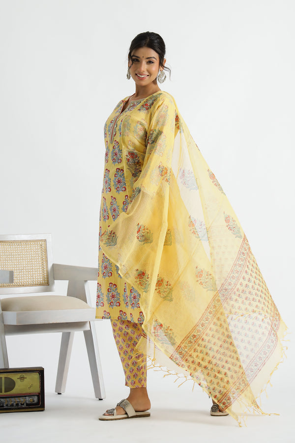 Women Pure Cotton Handblock Yellow Kurti With Salwar And Kota Doria Dupatta