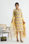 Women Pure Cotton Handblock Yellow Kurti With Salwar And Kota Doria Dupatta