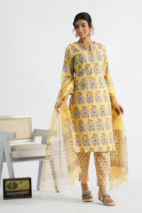 Women Pure Cotton Handblock Yellow Kurti With Salwar And Kota Doria Dupatta