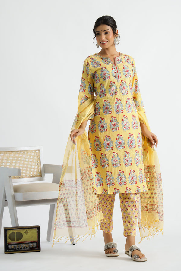 Women Pure Cotton Handblock Yellow Kurti With Salwar And Kota Doria Dupatta