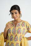 Women Pure Cotton Handblock Yellow Kurti With Salwar And Kota Doria Dupatta