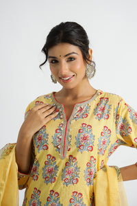 Women Pure Cotton Handblock Yellow Kurti With Salwar And Kota Doria Dupatta