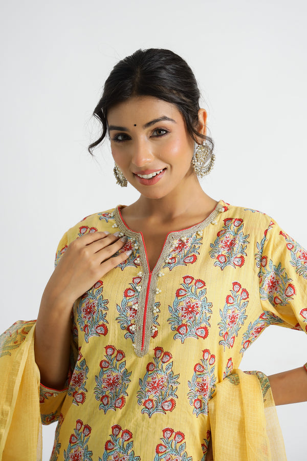 Women Pure Cotton Handblock Yellow Kurti With Salwar And Kota Doria Dupatta