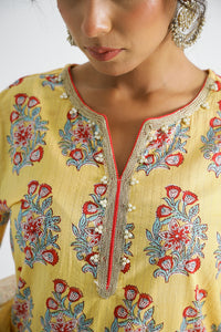 Women Pure Cotton Handblock Yellow Kurti With Salwar And Kota Doria Dupatta