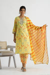 Women Pure Cotton Yellow Floral Kurta With Pant And Chiffon Lehariya Dupatta